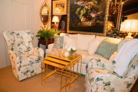 Cream and Green Floral Chairs and Sofa
